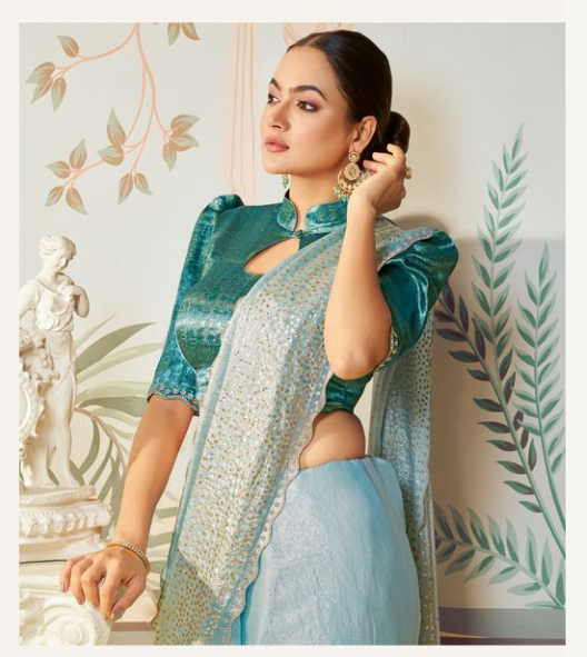 Firoji Satin Silk Saree | Sequence & Swarovski Diamond Hand Work