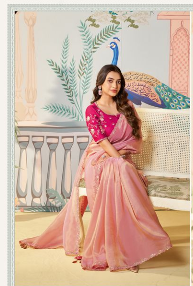 Pink Zari Organza Silk Saree with Rani Blouse | Dual Sequence, Embroidery & Applique Work