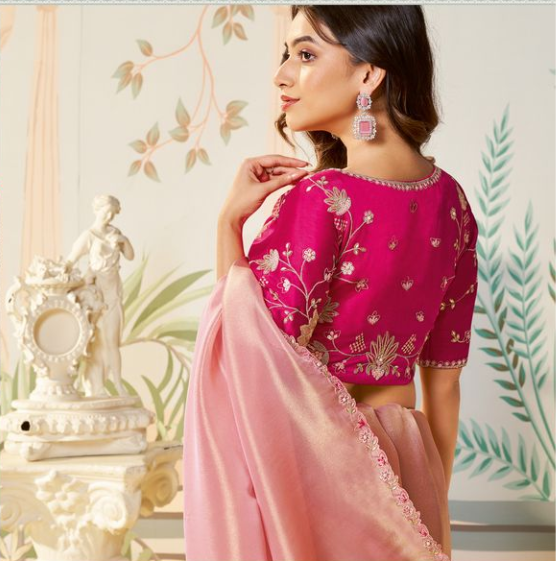 Pink Zari Organza Silk Saree with Rani Blouse | Dual Sequence, Embroidery & Applique Work