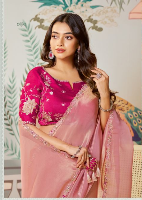 Pink Zari Organza Silk Saree with Rani Blouse | Dual Sequence, Embroidery & Applique Work