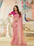 Pink Zari Organza Silk Saree with Rani Blouse | Dual Sequence, Embroidery & Applique Work