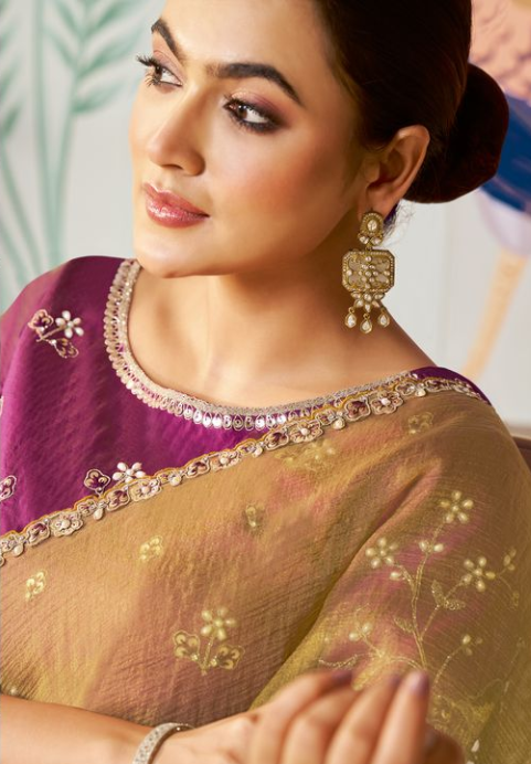 Dusty Yellow Satin Organza Silk Saree with Lovender Blouse | Dual Sequence, Embroidery & Stone Work