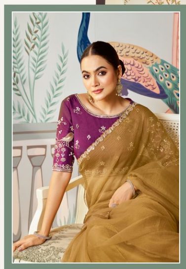 Dusty Yellow Satin Organza Silk Saree with Lovender Blouse | Dual Sequence, Embroidery & Stone Work