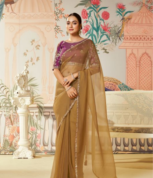Dusty Yellow Satin Organza Silk Saree with Lovender Blouse | Dual Sequence, Embroidery & Stone Work