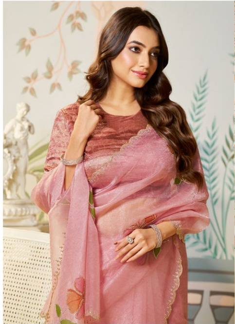 Peach Satin Organza Silk Saree with Dusty Peach Blouse | Diamond, Brush Print & Swarovski Work