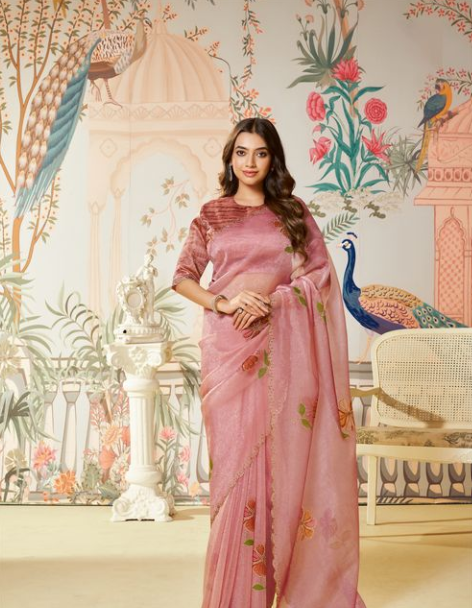 Peach Satin Organza Silk Saree with Dusty Peach Blouse | Diamond, Brush Print & Swarovski Work