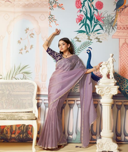 Lovender Zari Organza Silk Saree | Dual Sequence, Embroidery & Handwork