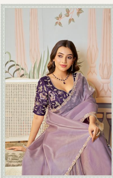 Lovender Zari Organza Silk Saree | Dual Sequence, Embroidery & Handwork
