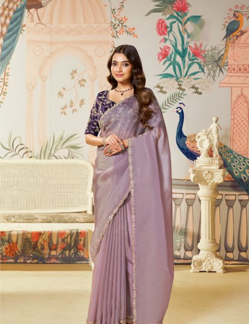 Lovender Zari Organza Silk Saree | Dual Sequence, Embroidery & Handwork