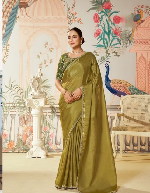 Purple Satin Organza Silk Saree | Swarovski Stone Work & Brush Print