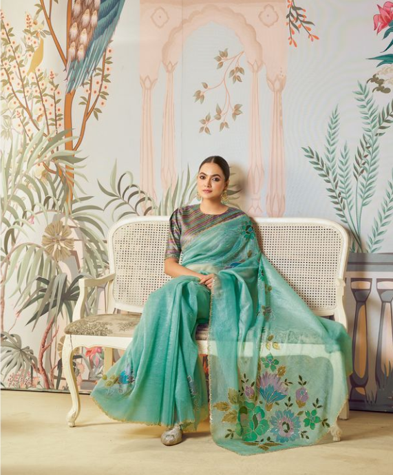 Sea Green Satin Organza Silk Saree with Multi Blouse | Hand Print & Swarovski Hand Work