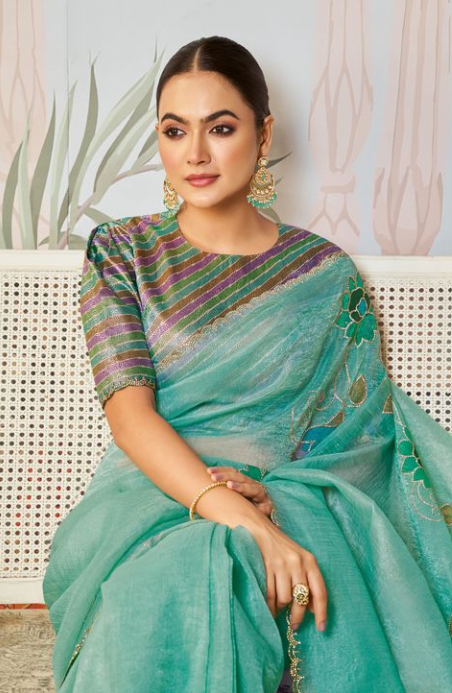 Sea Green Satin Organza Silk Saree with Multi Blouse | Hand Print & Swarovski Hand Work