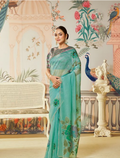 Sea Green Satin Organza Silk Saree with Multi Blouse | Hand Print & Swarovski Hand Work