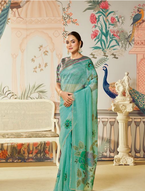 Sea Green Satin Organza Silk Saree with Multi Blouse | Hand Print & Swarovski Hand Work