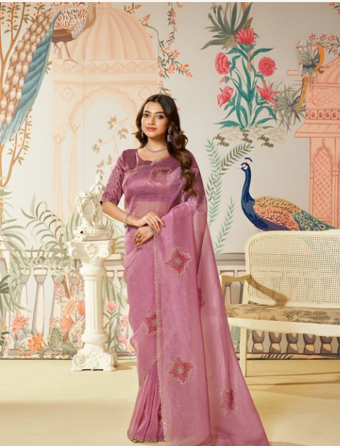 Pink Satin Organza Silk Saree | Diamond, Brush Print & Swarovski Work