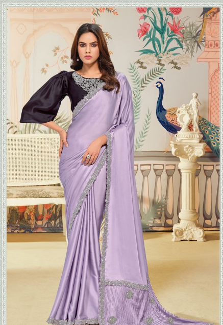 Lavendar Crepe Satin Silk Saree with Wine Blouse | Jardosi & Handwork