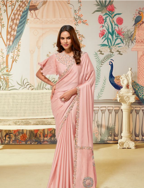 Peach Crepe Satin Silk Saree | Sequence & Handwork