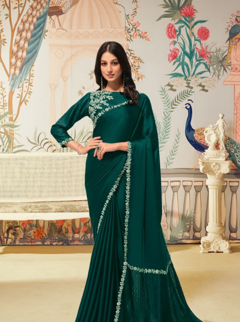 Green Crepe Satin Silk Saree | Jardosi & Handwork