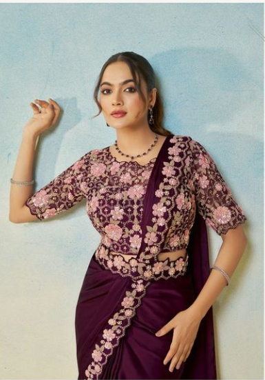 Maroon Satin Silk Saree | Dual Sequence & Silver Stone Embroidery Couture