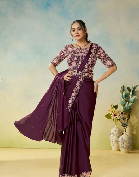 Maroon Satin Silk Saree | Dual Sequence & Silver Stone Embroidery Couture