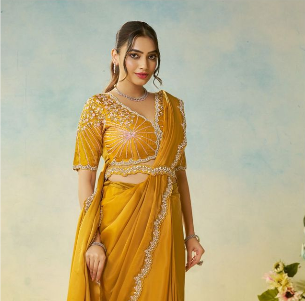 Yellow Satin Silk Saree | Multi Stone Handwork & Embroidery