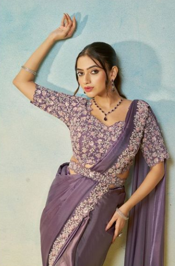 Lovender Natural Satin Silk Saree | Mirror Handwork & Embroidery