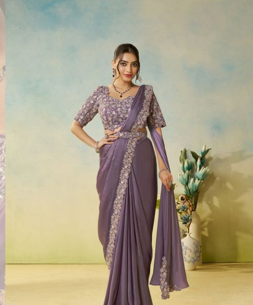 Lovender Natural Satin Silk Saree | Mirror Handwork & Embroidery