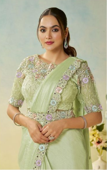 Pista Two Tone Satin Silk Saree | Multi Stone Handwork