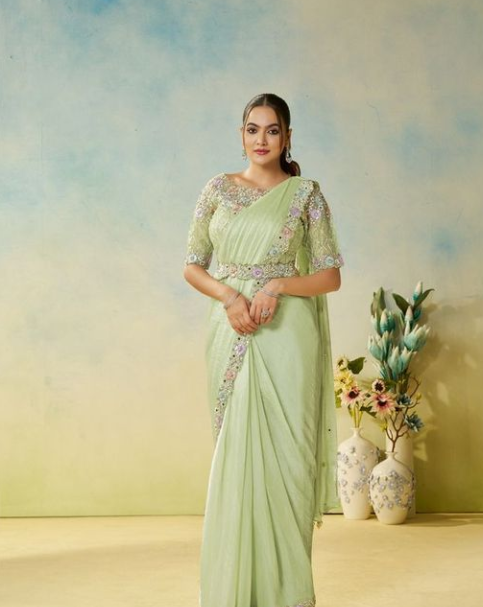 Pista Two Tone Satin Silk Saree | Multi Stone Handwork