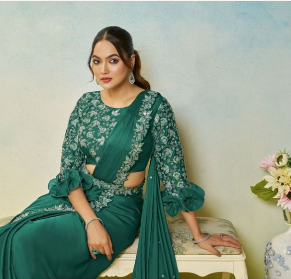 Green Siffone Satin Silk Saree | Stone & Pearl Handwork