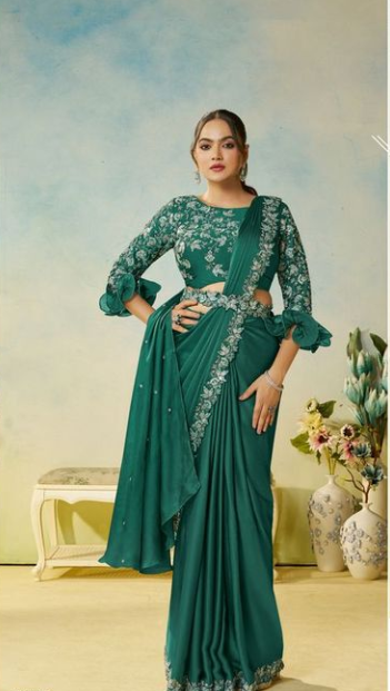 Green Siffone Satin Silk Saree | Stone & Pearl Handwork