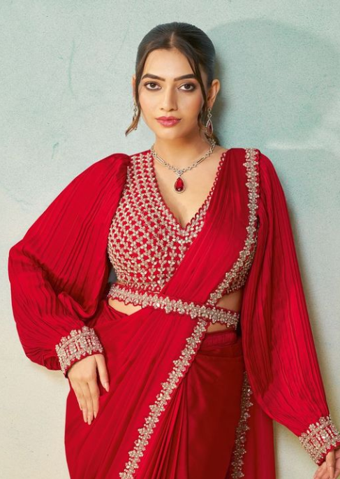 Red Satin Silk Saree | Stone & Pearl Handwork