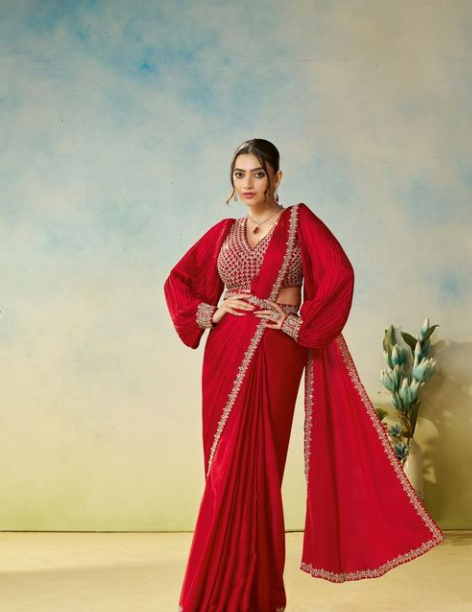 Red Satin Silk Saree | Stone & Pearl Handwork