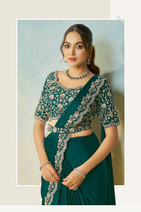 Rama Satin Silk Saree | Mirror Handwork & Embroidery