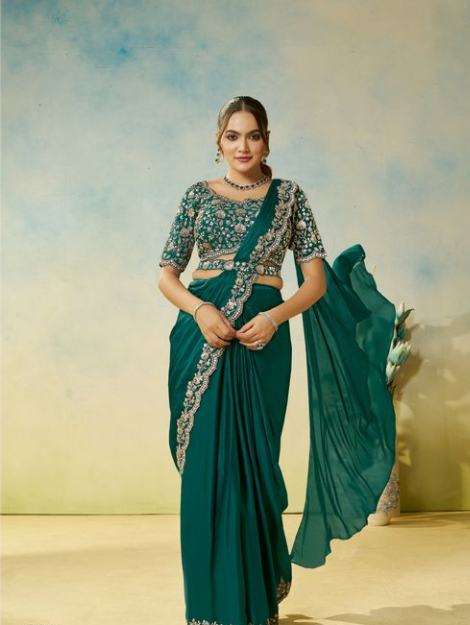 Rama Satin Silk Saree | Mirror Handwork & Embroidery