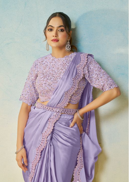 Lovender Satin Silk Saree | Multi Stone Handwork & Embroidery