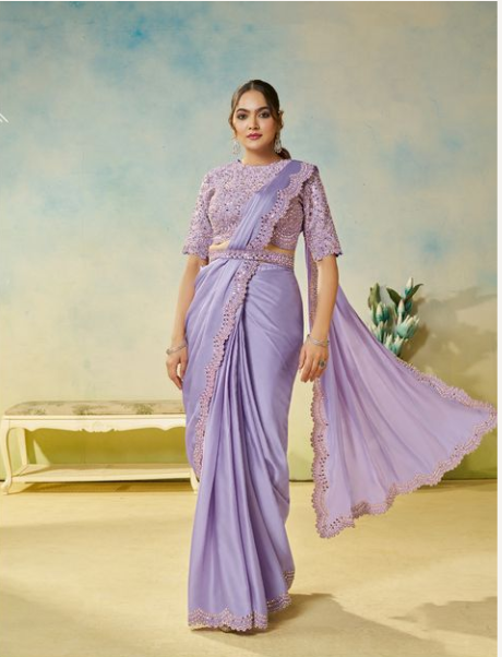 Lovender Satin Silk Saree | Multi Stone Handwork & Embroidery