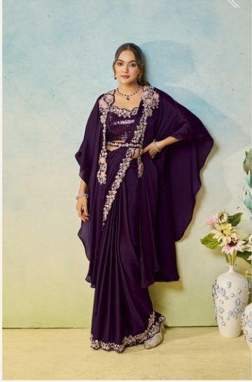 Dark Purple Satin Silk Saree | Applique Flower & Stone Handwork