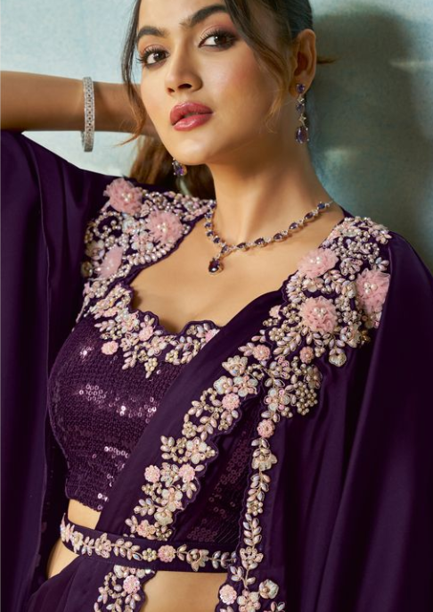 Dark Purple Satin Silk Saree | Applique Flower & Stone Handwork