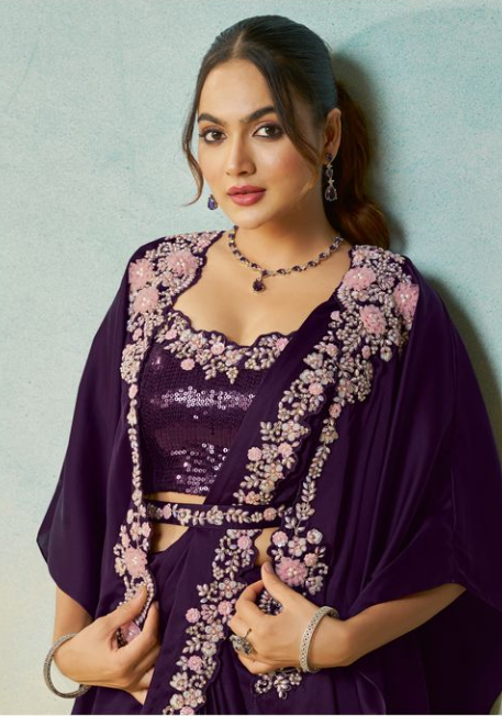 Dark Purple Satin Silk Saree | Applique Flower & Stone Handwork