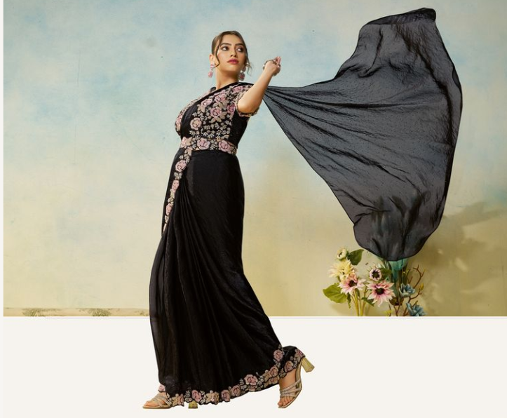 Black Two Tone Satin Silk Saree | Silver Stone Handwork