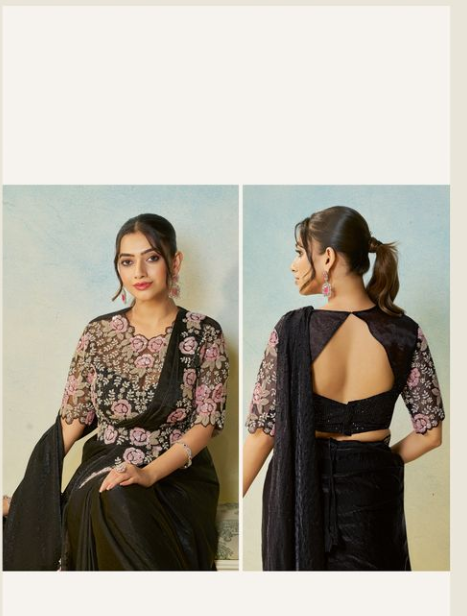 Black Two Tone Satin Silk Saree | Silver Stone Handwork