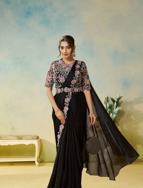 Black Two Tone Satin Silk Saree | Silver Stone Handwork