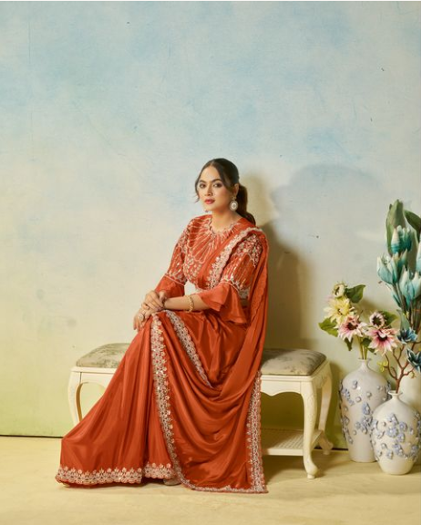 Rust Natural Satin Silk Saree | Silver Stone Handwork