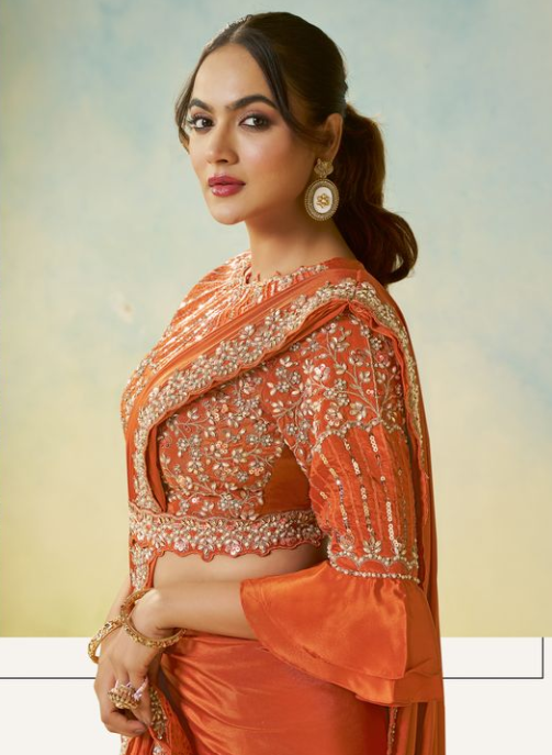 Rust Natural Satin Silk Saree | Silver Stone Handwork