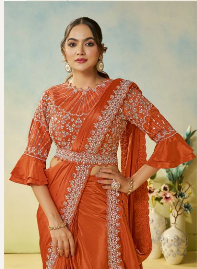 Rust Natural Satin Silk Saree | Silver Stone Handwork