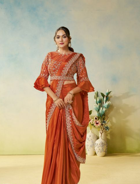 Rust Natural Satin Silk Saree | Silver Stone Handwork