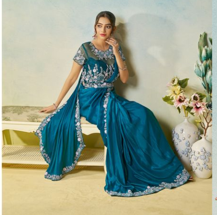 Teal Blue Satin Silk Saree | Stone & Pearl Handwork