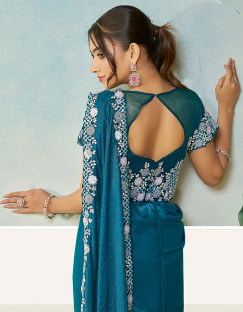 Teal Blue Satin Silk Saree | Stone & Pearl Handwork