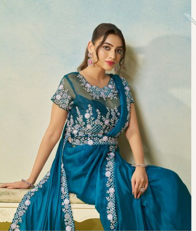 Teal Blue Satin Silk Saree | Stone & Pearl Handwork